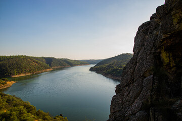 Obraz premium Photo of the impressive and beautiful national park of Monfragüe, pure nature with rocks, lakes and no people. Outdoor environment located in Cáceres, Extremadura, Spain.