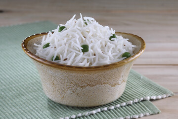 Cooked Basmati rice in a bowl. Indian Basmati rice is known for aroma and taste.  