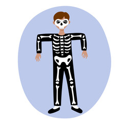 Boy kid wearing skeleton costume and mask for halloween party. Black leotard with white bones for the carnival masquerade. Stock vector hand-drawn flat illustration isolated on white.