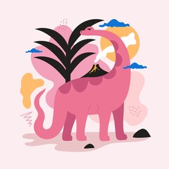 Vector illustration with pink dinosaur, black palm, small volcano with palm and smoke, abstract background elements. Trendy print design with prehistoric animal