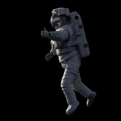 Fototapeta na wymiar astronaut showing thumbs up during spacewalk, isolated on black background
