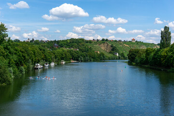 paddleboard class on the Neckar River in Stuttgart in summer