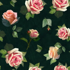 Fototapety  Vintage kwiatowy bezszwowe tło z róż na ciemnozielonym tle. Styl malowania pastelami