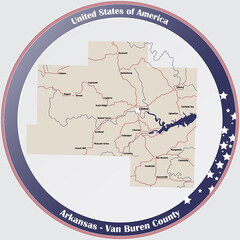 Round button with detailed map of Van Buren County in Arkansas, USA.