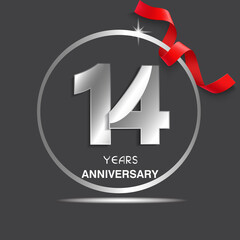 14 years anniversary logotype design with red ribbon, Vector template for celebration company event, greeting card, and invitation card