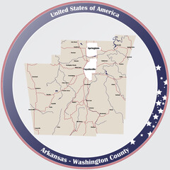 Round button with detailed map of Washington County in Arkansas, USA.