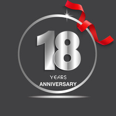 18 years anniversary logotype design with red ribbon, Vector template for celebration company event, greeting card, and invitation card
