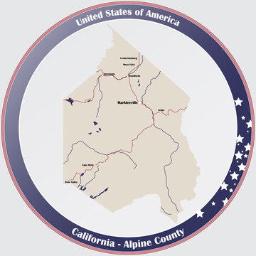 Round button with detailed map of Alpine County in California, USA.