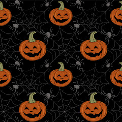 Vector seamless pattern with halloween pumpkins and spiderweb. 