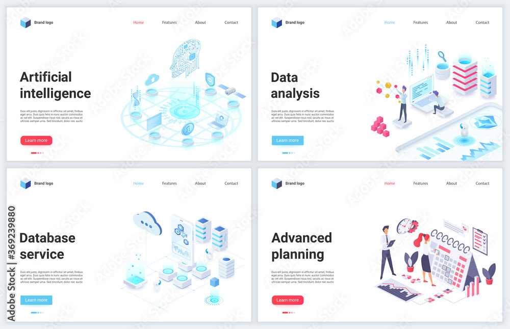 Aufkleber Isometric artificial intelligence digital technology vector illustration. Cartoon 3d mobile website design concept banner set for ai tech database services of advanced planning, cloud data analysis