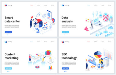 Fototapeta na wymiar Isometric data marketing, seo technology vector illustrations. Cartoon 3d mobile creative website design, banner set for analyzing market database service, seo research of business content information