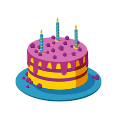 Birthday cake with candles and berries on bright blue plate. Cream cake for a party ot celebration. Flat vector illustration isolated in white background