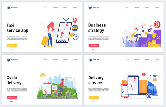 Delivery business services vector illustrations. Cartoon flat delivering technology webpage interface design banner set with successful business strategy for shipping company, taxi transportation