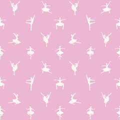Vector seamless pattern with silhouettes of ballet dancers in white and pink colors 
