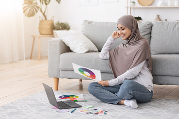 Online Design Courses. Arab Woman With Colour Gamma And Laptop At Home