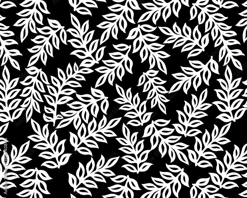 Wall mural black and white seamless leafs pattern illustration background