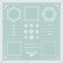 Vintage set of vector horizontal, square and round elements. Different elements for backgrounds, frames and monograms. Classic patterns. Set of vintage light blue and white patterns