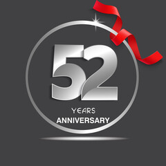 52 years anniversary logotype design with red ribbon, Vector template for celebration company event, greeting card, and invitation card