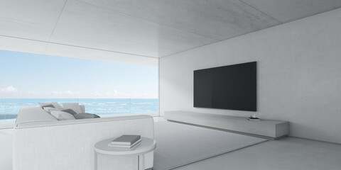 Concrete interior space, Modern living room with TV and sofa on sea background . 3d render.