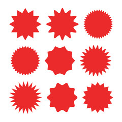 Starburst sticker set - collection of special offer sale round shaped red sunburst labels and badges