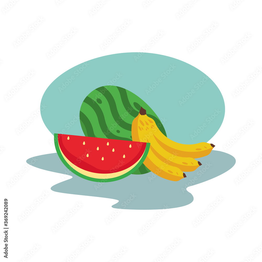 Poster watermelon and bananas fresh delicious fruits isolated style icon