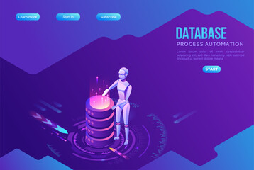 Robotic process automation landing page template with robots and database, robot holding cylinders, extracting information from websites, digital technology service, 3d isometric vector illustration