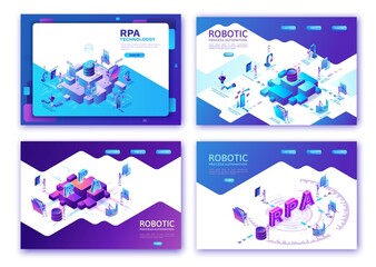 Robotic process automation landing page template with robots working with data, arms moving files, extracting information from websites, digital technology service, 3d isometric vector illustration