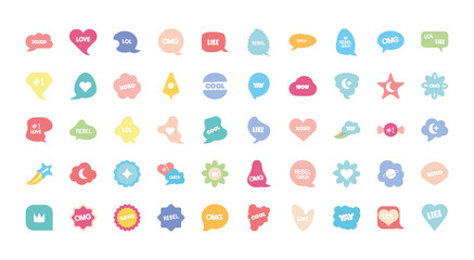 icon set of slang bubbles, line fill style
