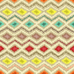 Zigzag geometric multicolored seamless pattern with rhombic brushstrokes. Ethnic ornamental background 