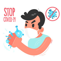 Coronavirus pandemic. Masked man and bacteria in the fist