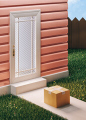 Delivery box parcel on a front porch door of a house. Door to Door delivery concept