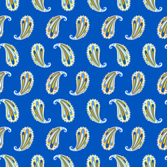 Paisley ethnic seamless pattern on blue background. Indian cucumber 