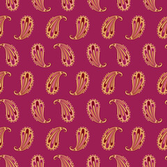 Paisley ethnic oriental seamless pattern on dark red background. Indian cucumber