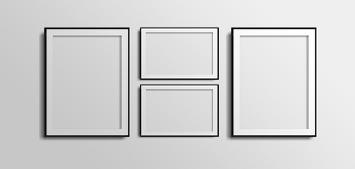 Four fotos frames 3D gallery photos frame on gradient white wall, two frames vertical and two frames horizontal , 4 pictures mockups 