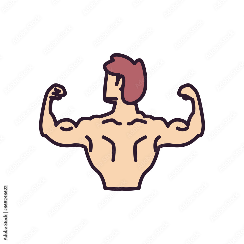 Poster man with muscles backwards line and fill style icon vector design
