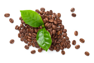 Pile Of Coffee Beans With Green Leaves