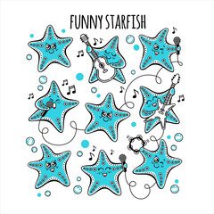 Funny cartoon sea stars sing and dance. Set of vector cartoon starfish.