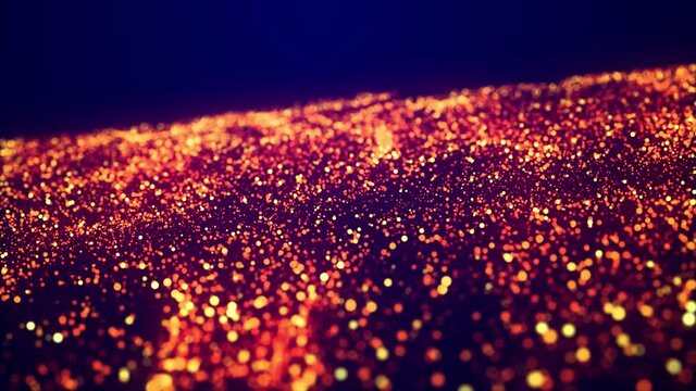 Abstract bg, golden magic glitters fly in air in slow motion and form beautiful swirls. Fiery sparkles float in viscous liquid. As alpha channel use luma matte. Sparkles in flow of turbulence force