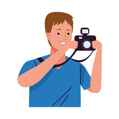 young tourist man using camera photographic character