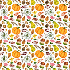 Watercolor autumn seamless pattern. Pumpkins, mushrooms, chestnut, acorn, pine cone, leaves. Hand drawn fall seasonal plants. Background, print for design textile, fabric, wrapping paper, scrapbooking