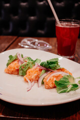 Tar-tar salmon dinner appetizer drink