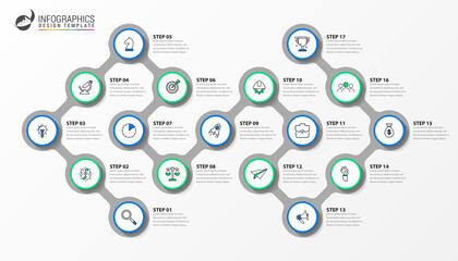 Infographic design template. Timeline concept with 17 steps