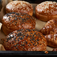baked sesame buns on brown parchment paper, ingredient for a hamburger