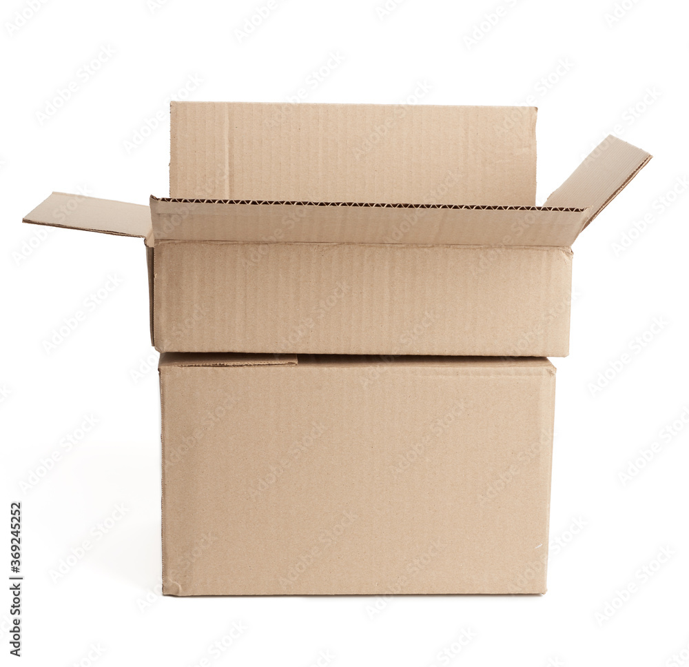 Poster open empty brown rectangular cardboard box for transporting goods