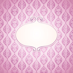 Elegant ornamental background with empty frame for text.  Glamorous luxury card or invitation in pink and white colors