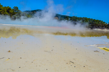 
Waiotapu, also spelt Wai-O-Tapu is an active geothermal area at the southern end of the Okataina Volcanic Centre. It is 27 kilometres south of Rotorua. It's in the north of the New Zealand. 