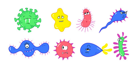 Cartoon cute microbes vector illustration. Set of bacteria and virus funny characters