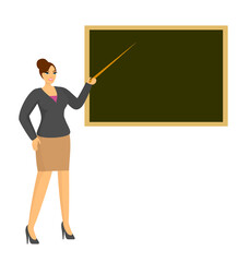 School teacher woman in classroom near blackboard. Young female teacher with pointer, showing on chalkboard. Professor standing in front of blackboard teaching student in school, college or university