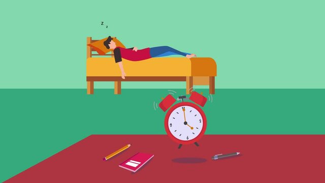 Alarm clock rings to wake up a sleeping little boy