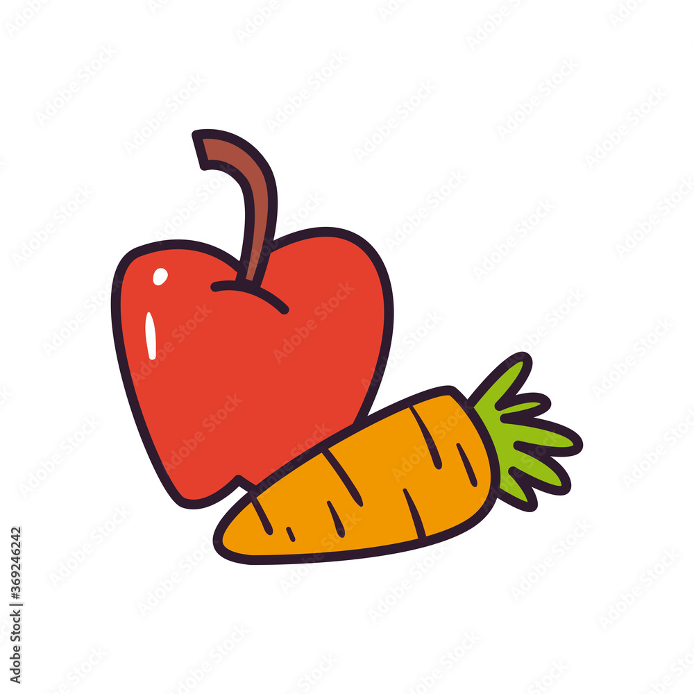 Poster apple and carrot line and fill style icon vector design